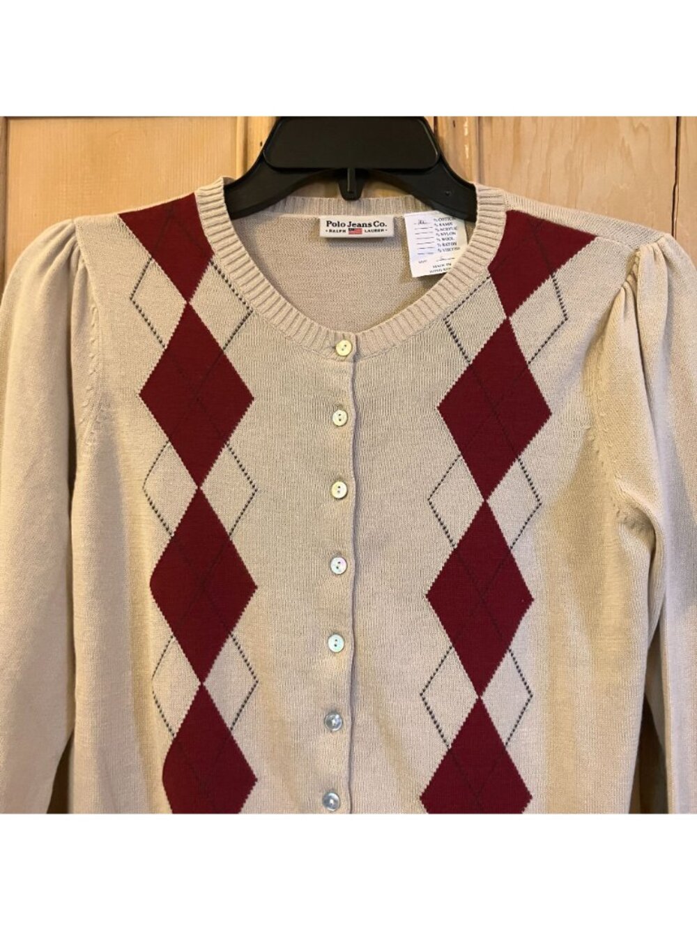 Ralph Lauren Polo Womens Vintage 90s Argyle Cardigan Sweater Small Beige FA NWOT - Picture 2 of 12